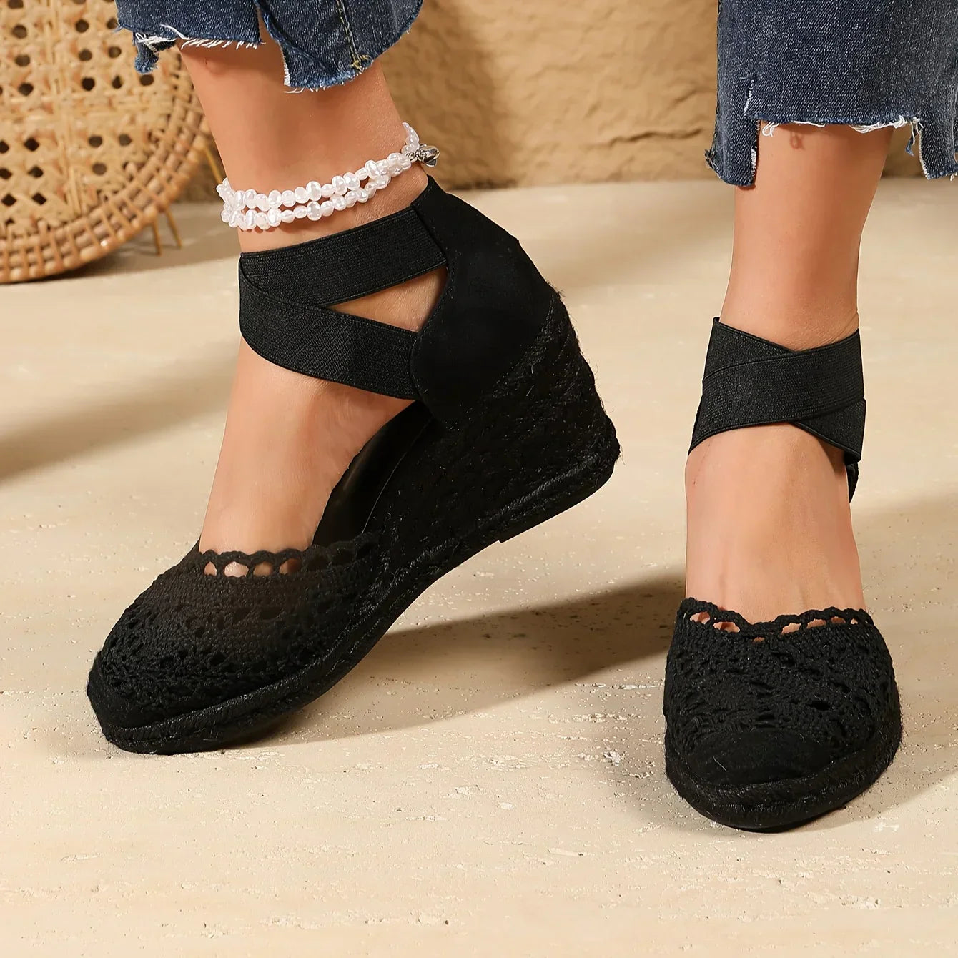 Elegant Wedge Sandals with Crochet Tip