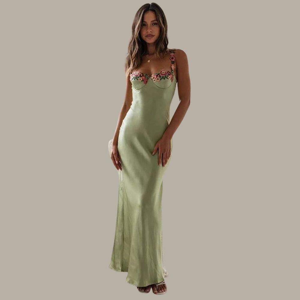 Embroidered Satin Maxi Dress With Flowers for Women