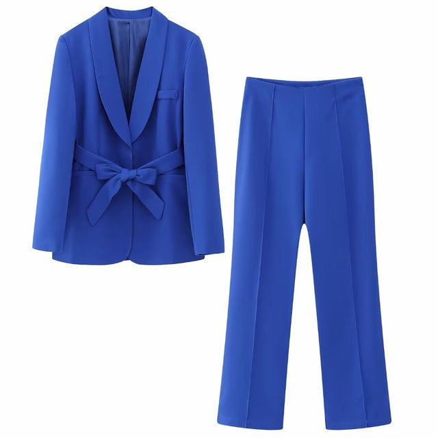 2-Piece Women's Suitelegant Blazer With Belt And Matching Trousers