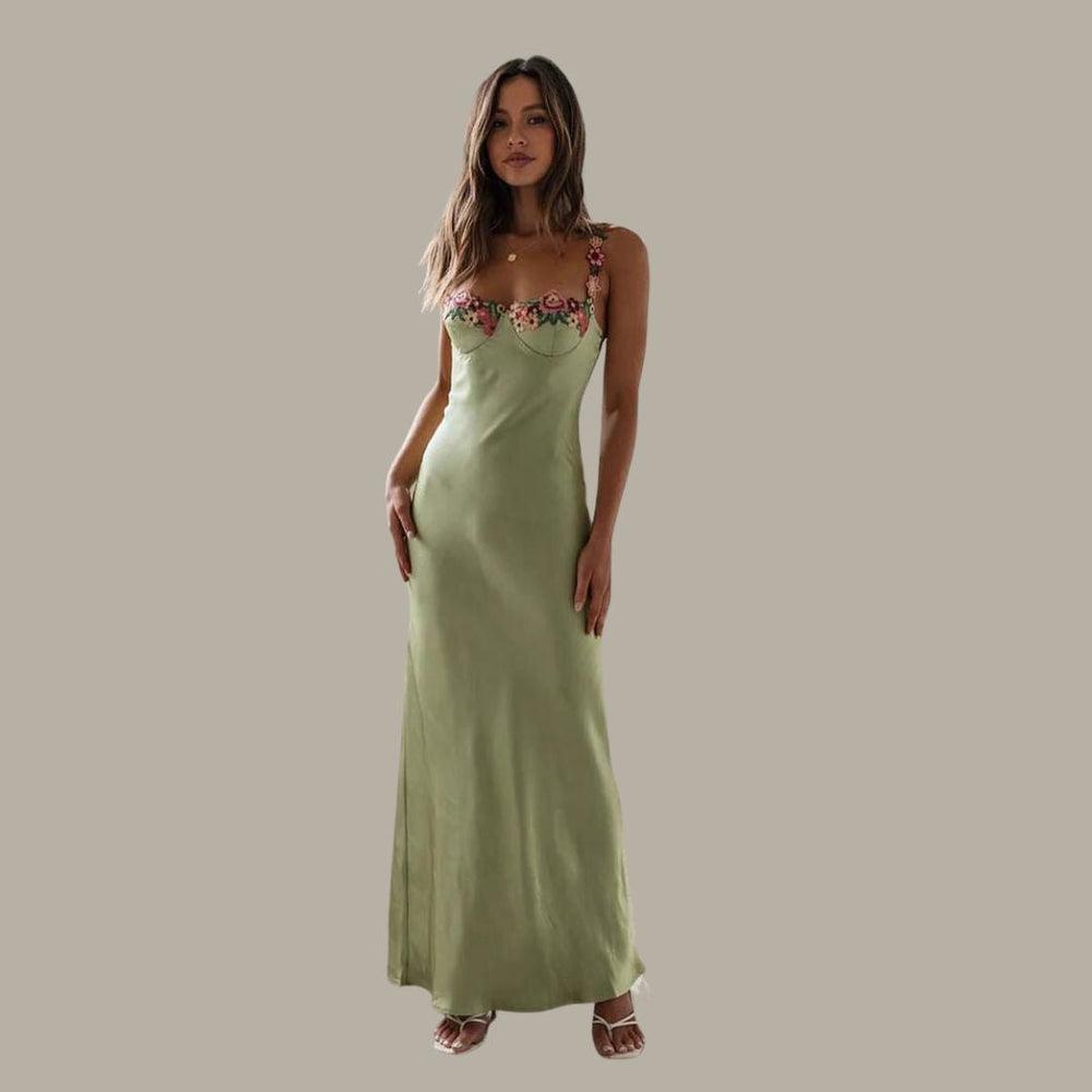 Embroidered Satin Maxi Dress With Flowers for Women