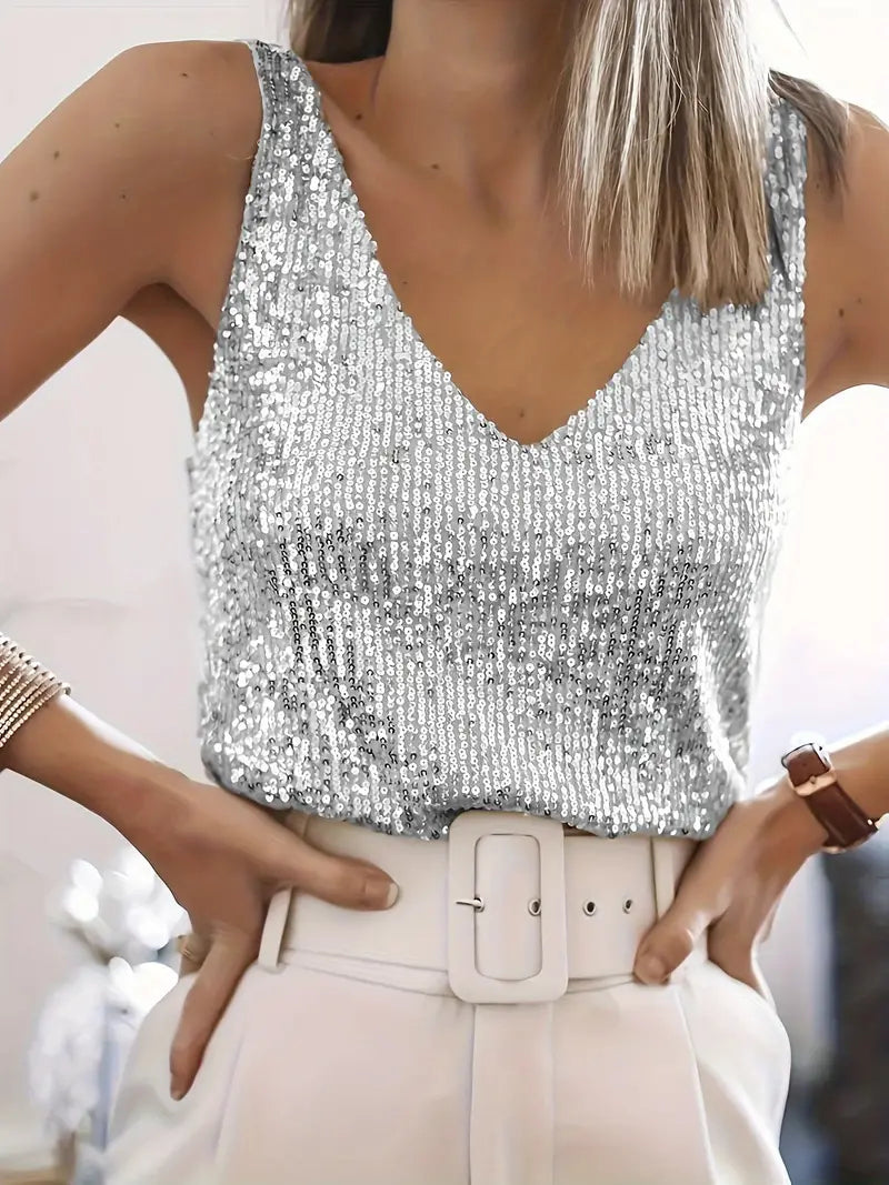 Women Glitter Sequin V-Neck Top Sleeveless Shirt Top For Women