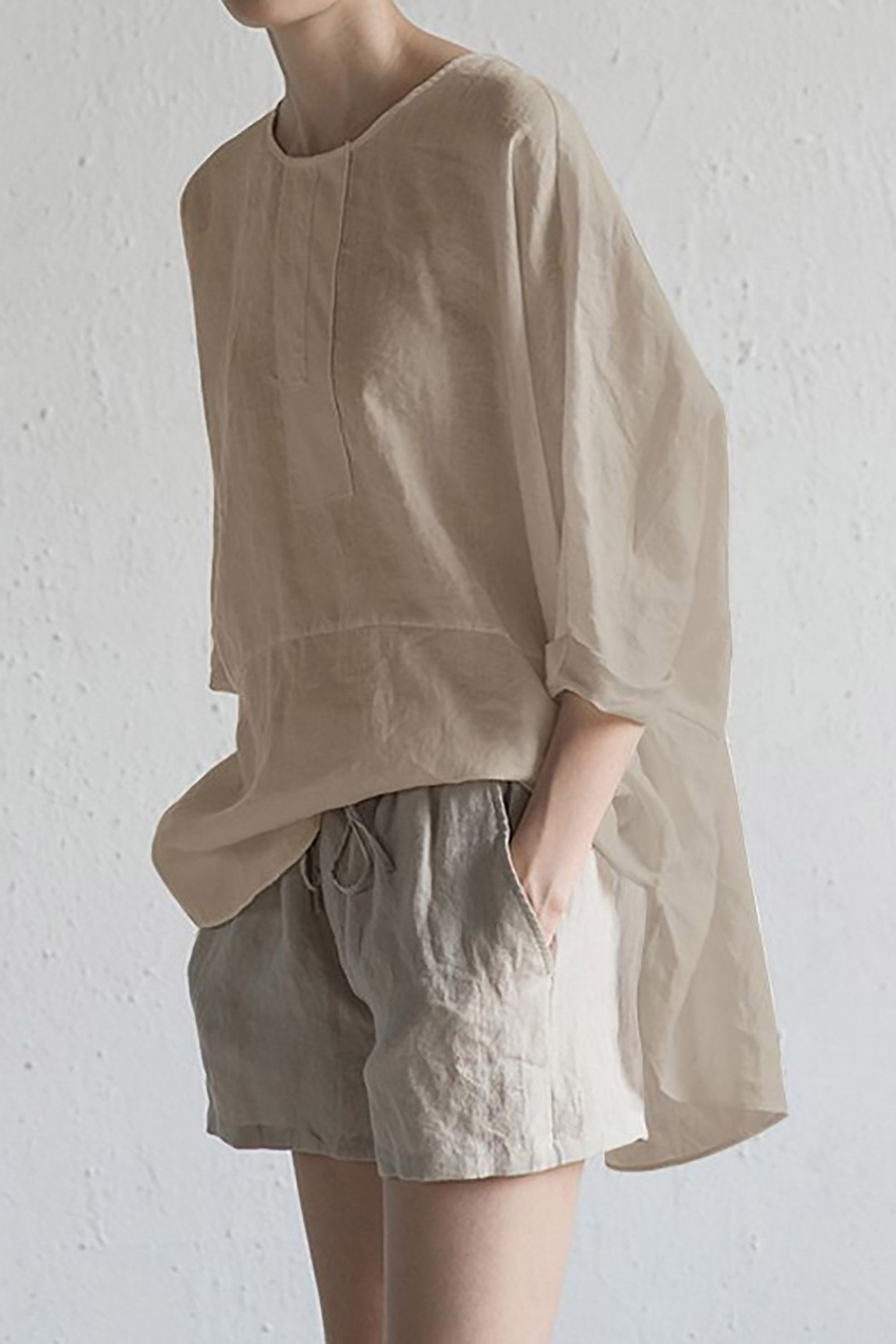 Stylish Cardigan Made of Japanese Linen - Half Sleeves and Round Neckline