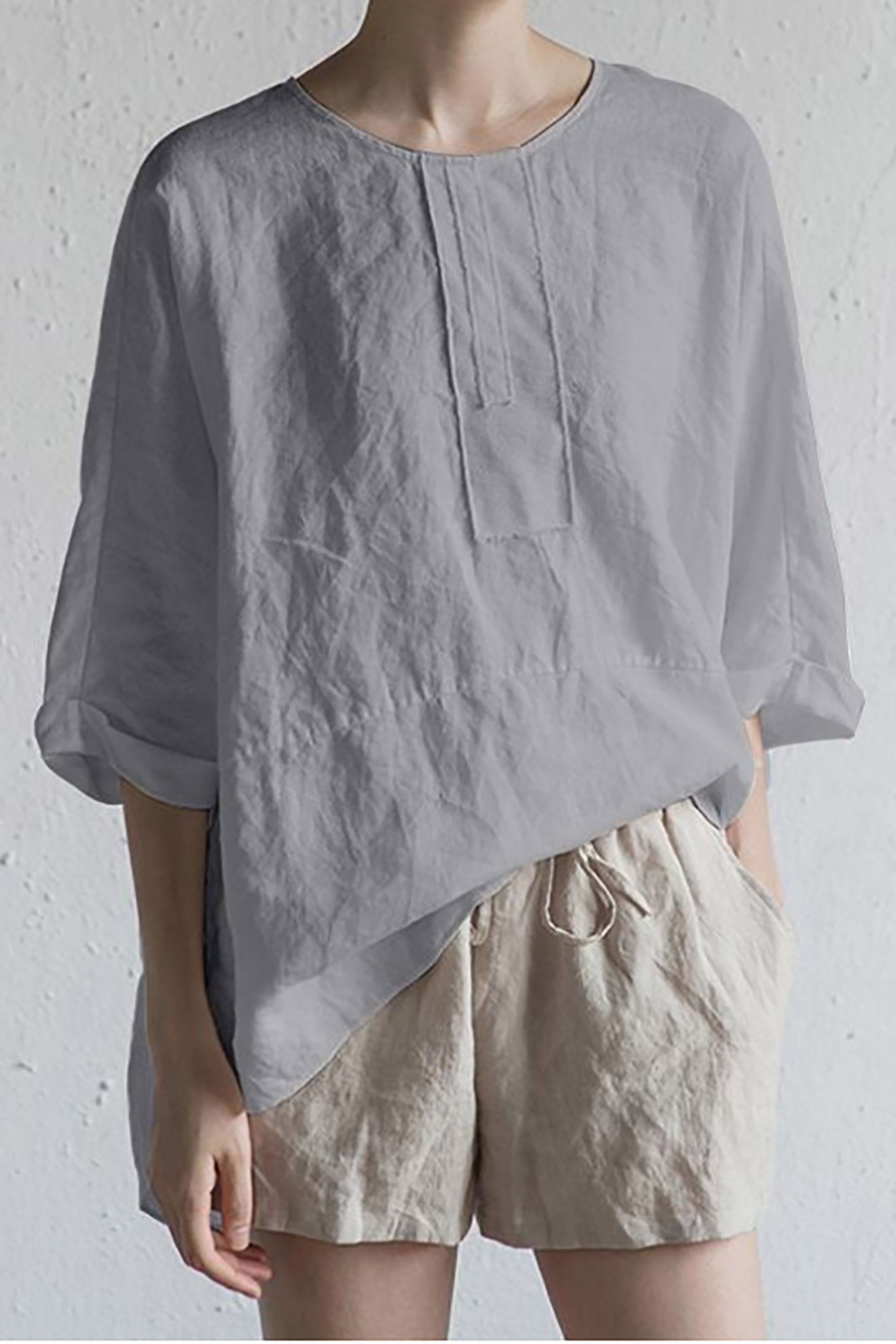 Stylish Cardigan Made of Japanese Linen - Half Sleeves and Round Neckline