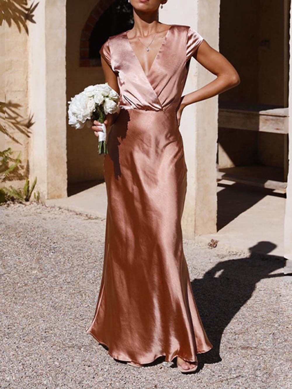 Satin Fishtail Maxi Dress With V-Neck For Women