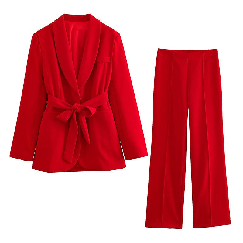 2-Piece Women's Suitelegant Blazer With Belt And Matching Trousers
