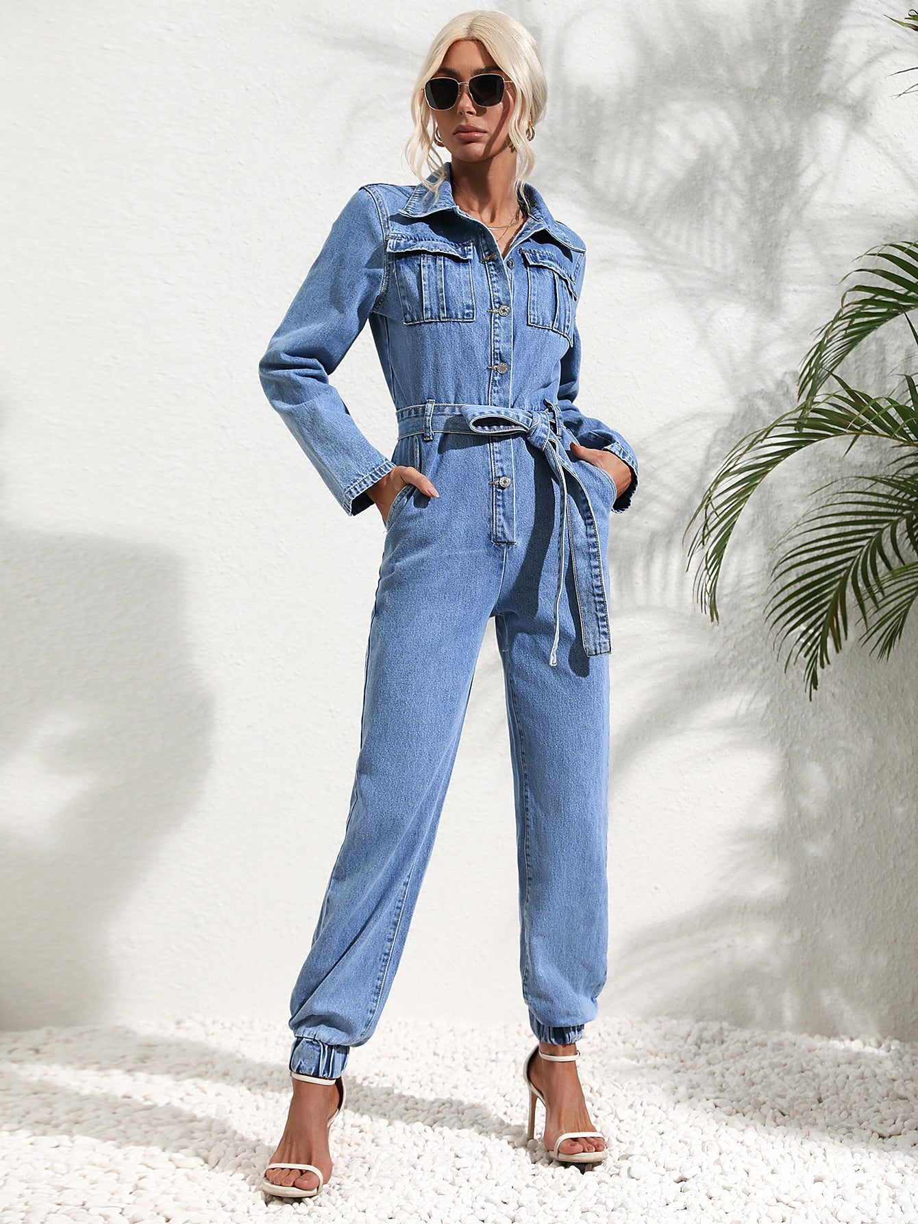Jumpsuit With Flap Pocket And Denim Belt
