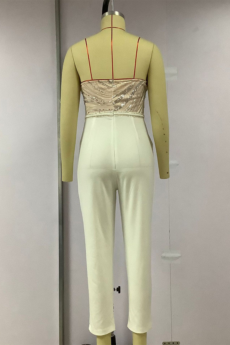 Sexy Solid Embroidered Sequins Patchwork Strapless Regular Overall