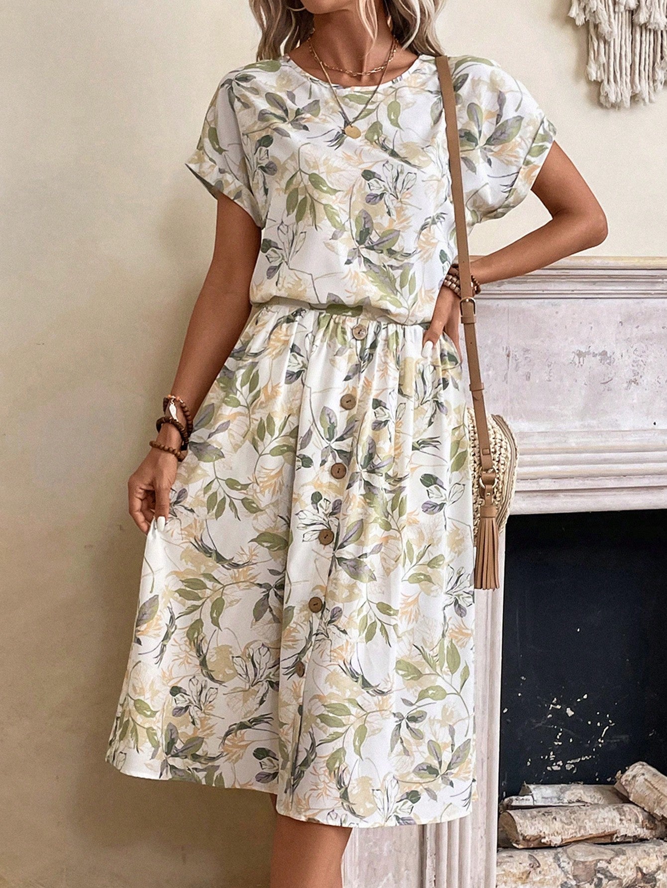Floral Two-Piece Set with Midi Skirt for Women