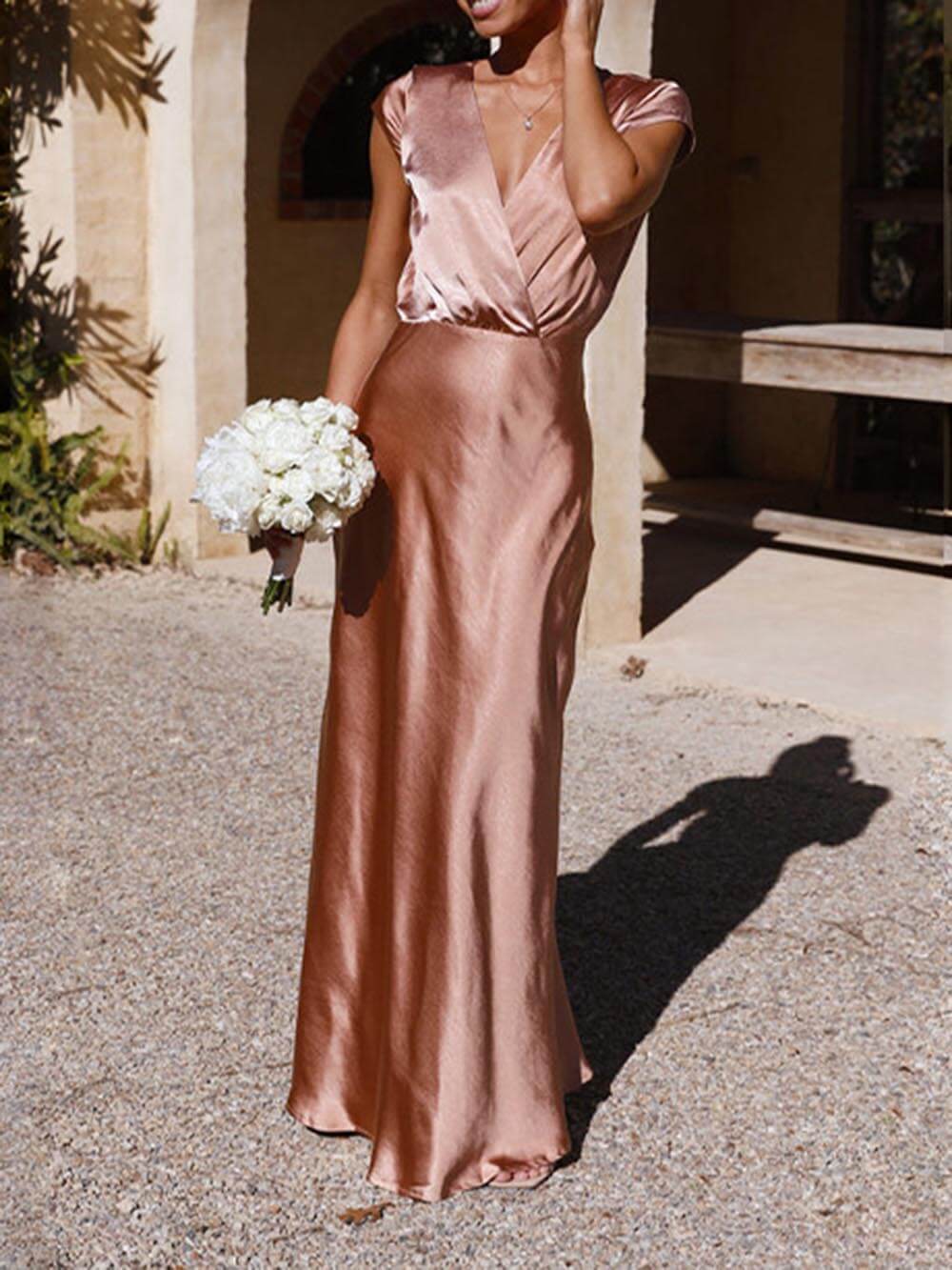 Satin Fishtail Maxi Dress With V-Neck For Women