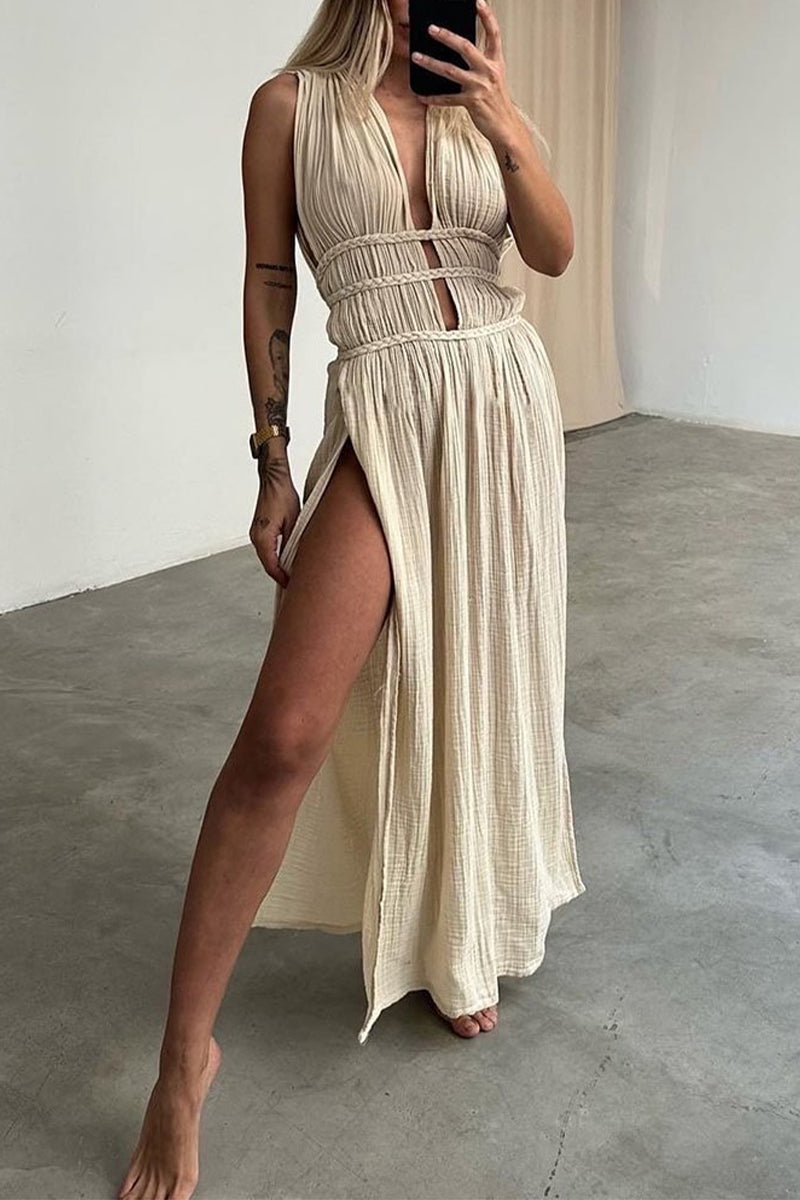 Sexy Bohemian Solid Color Split V-Neck Beach Dresses