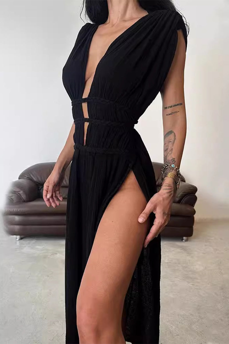 Sexy Bohemian Solid Color Split V-Neck Beach Dresses