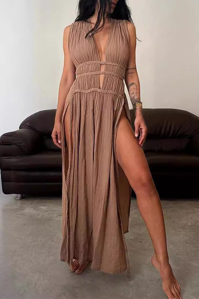 Sexy Bohemian Solid Color Split V-Neck Beach Dresses