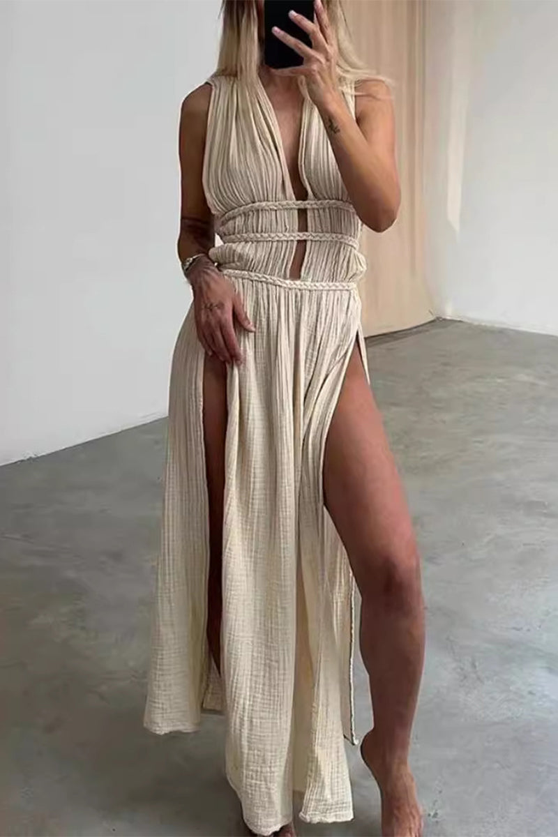 Sexy Bohemian Solid Color Split V-Neck Beach Dresses