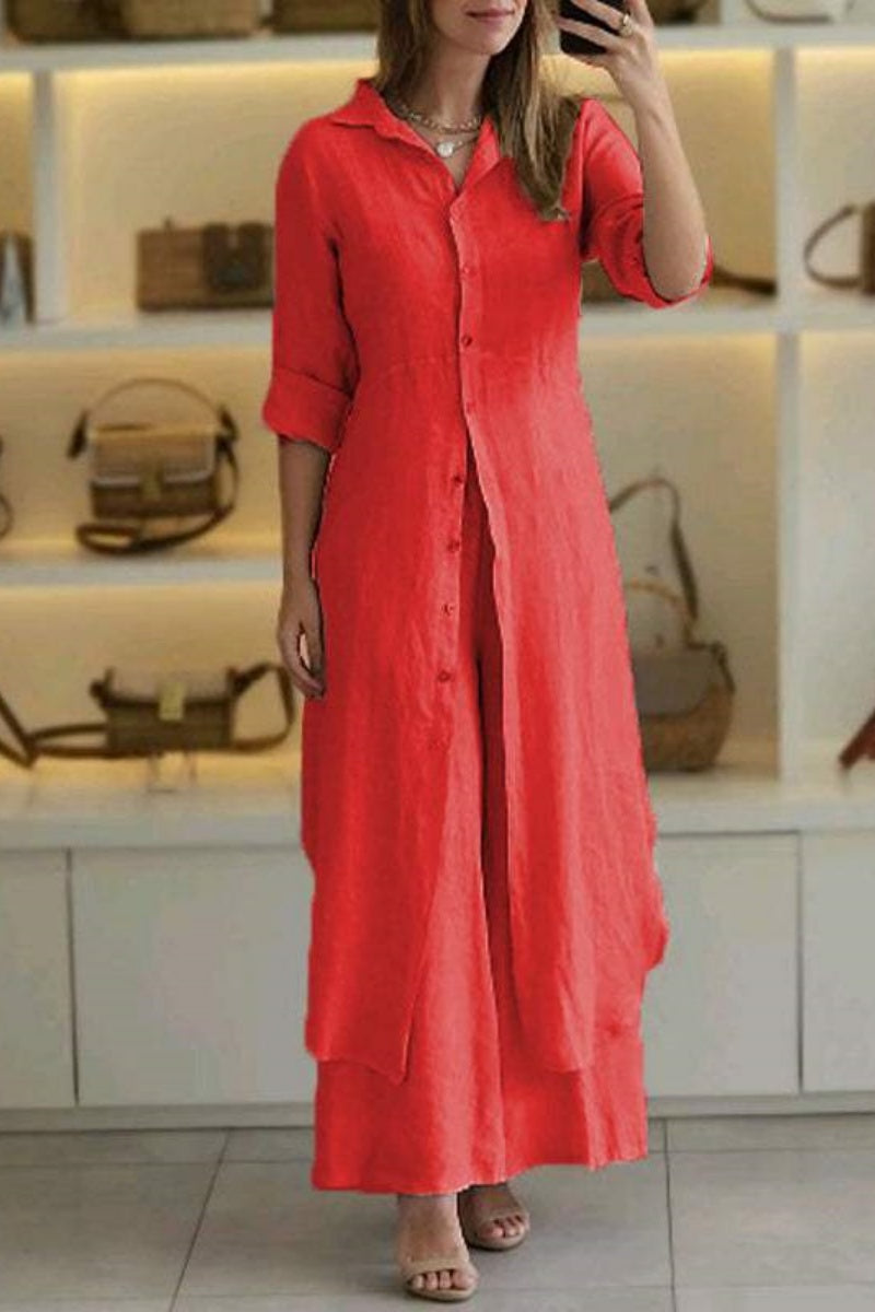 Casual Solid Buttons Shirt Collar Long Sleeve Two Pieces - 7 Colors