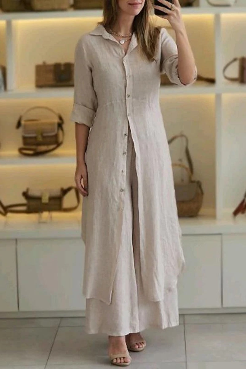 Casual Solid Buttons Shirt Collar Long Sleeve Two Pieces - 7 Colors