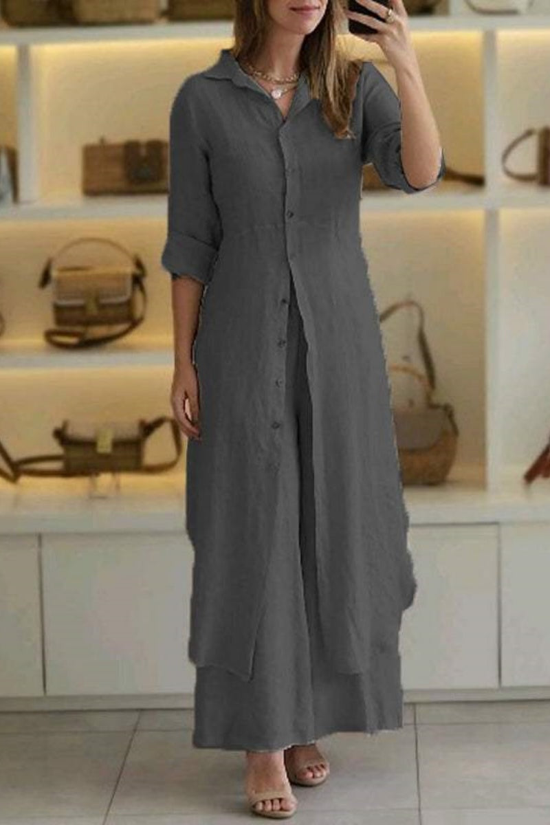 Casual Solid Buttons Shirt Collar Long Sleeve Two Pieces - 7 Colors