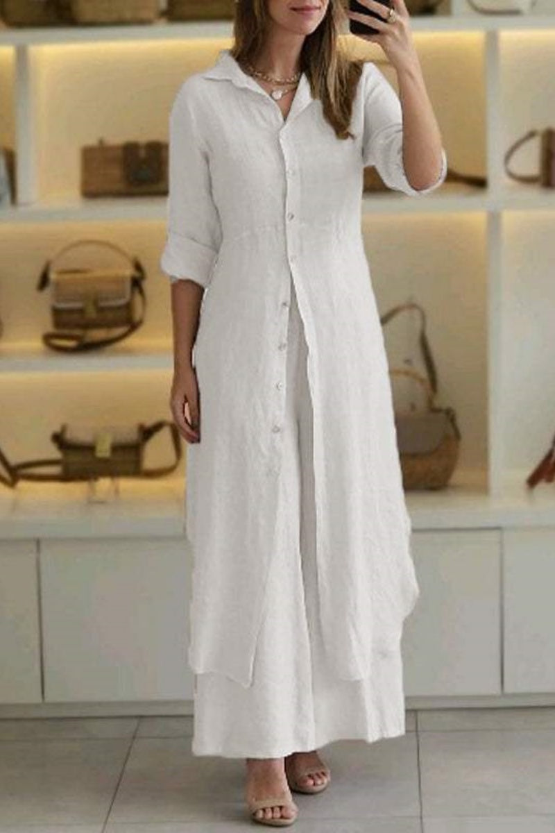 Casual Solid Buttons Shirt Collar Long Sleeve Two Pieces - 7 Colors