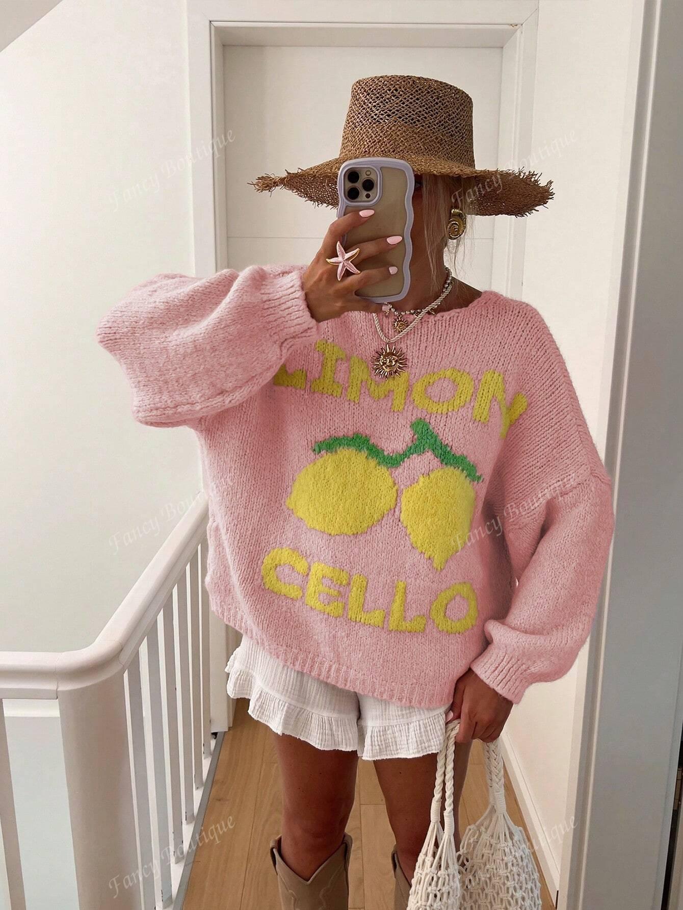 Knit sweater with lemon print for women