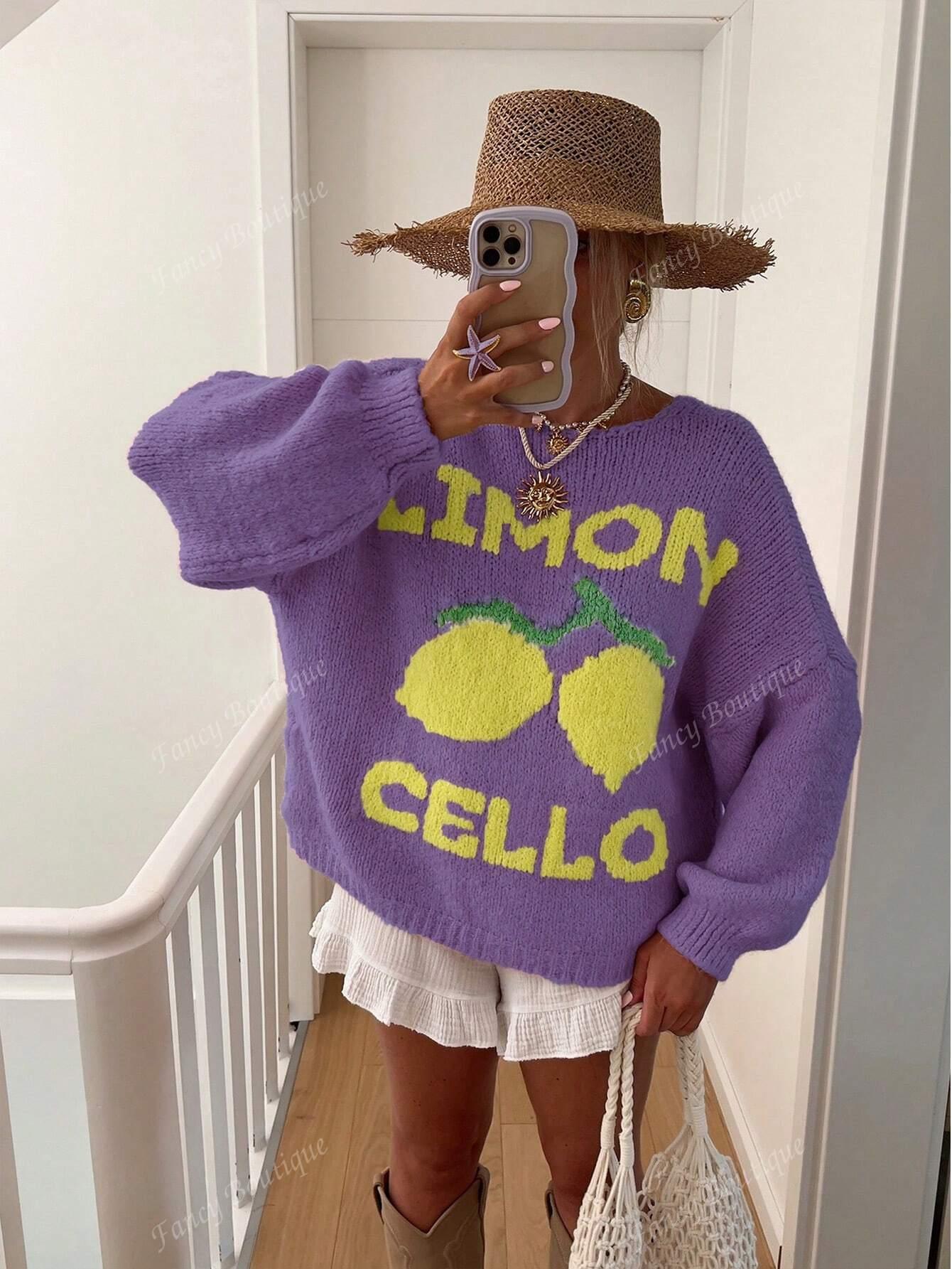 Knit sweater with lemon print for women