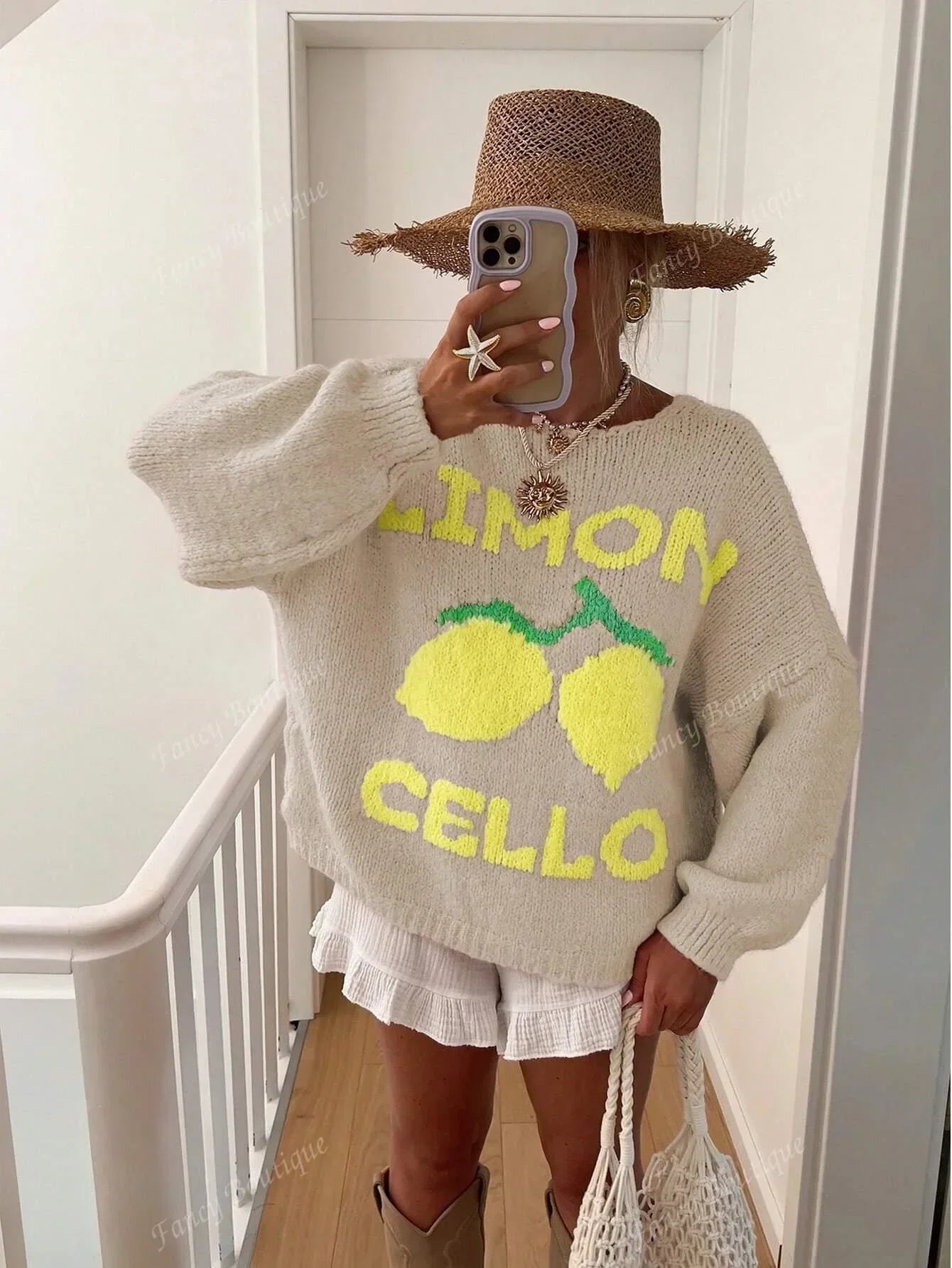 Knit sweater with lemon print for women