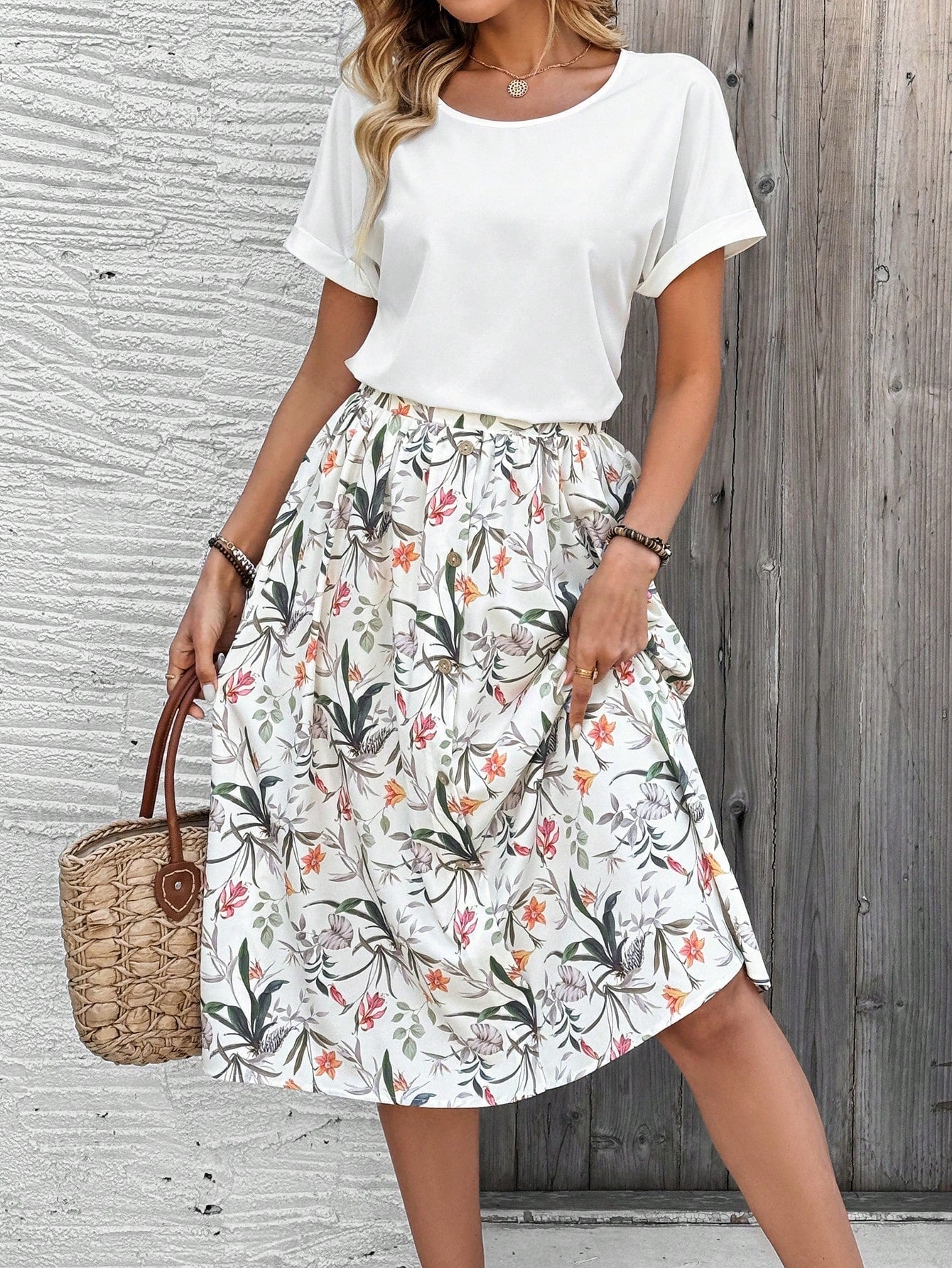Floral Two-Piece Set with Midi Skirt for Women