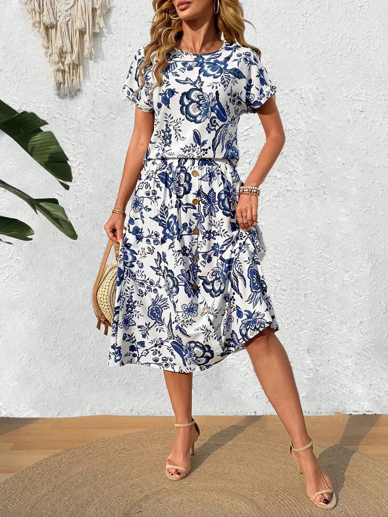 Floral Two-Piece Set with Midi Skirt for Women