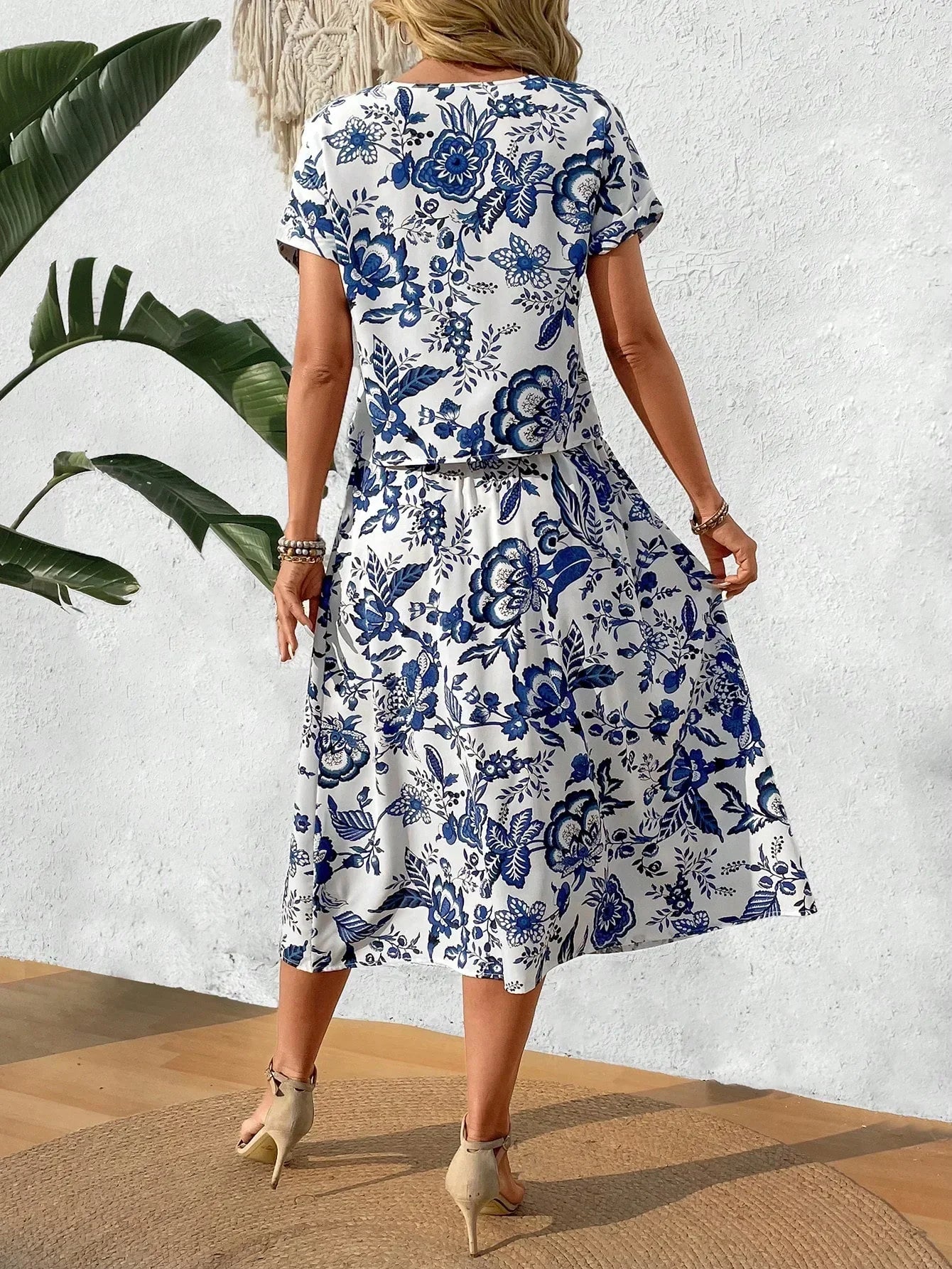 Floral Two-Piece Set with Midi Skirt for Women