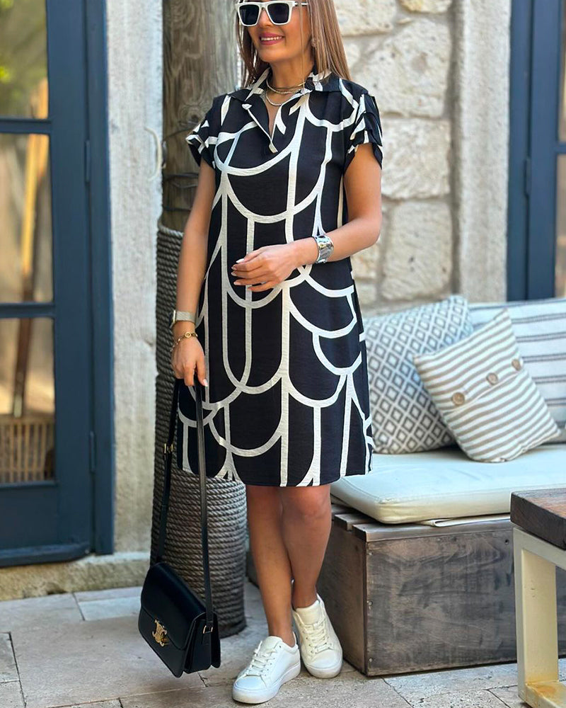 Short Sleeve Midi Dress With Lapel Stripe Print