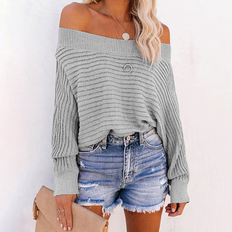 Womens casual pullover with off-shoulder design and textured knit pattern