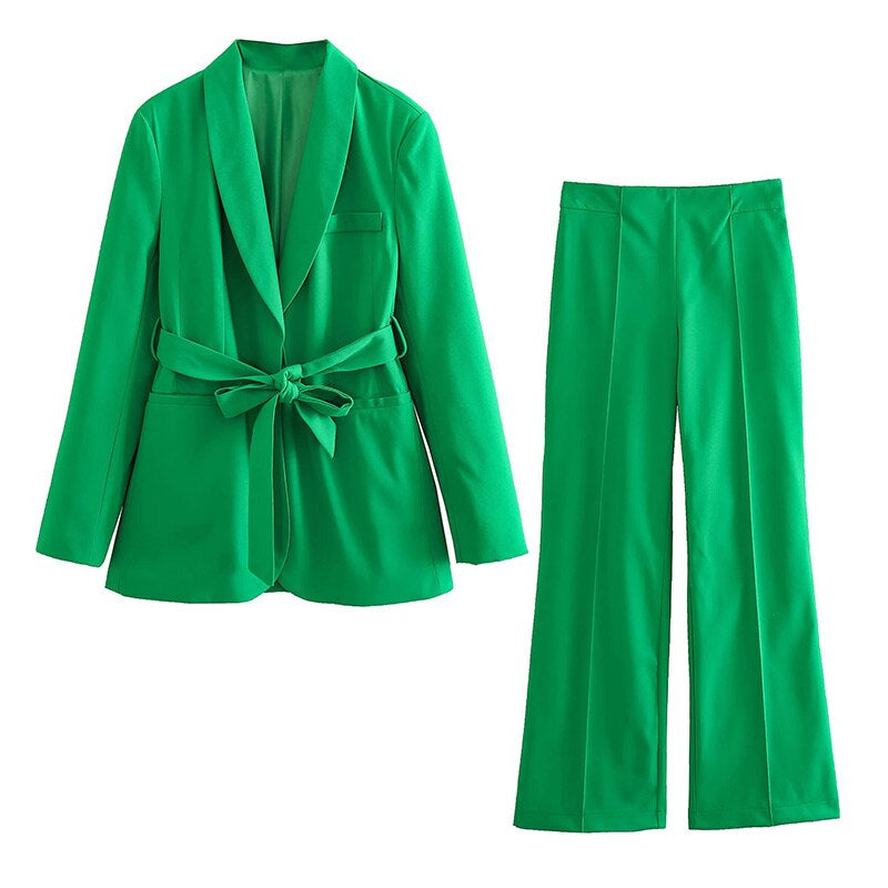 2-Piece Women's Suitelegant Blazer With Belt And Matching Trousers