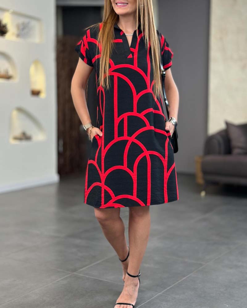Short Sleeve Midi Dress With Lapel Stripe Print