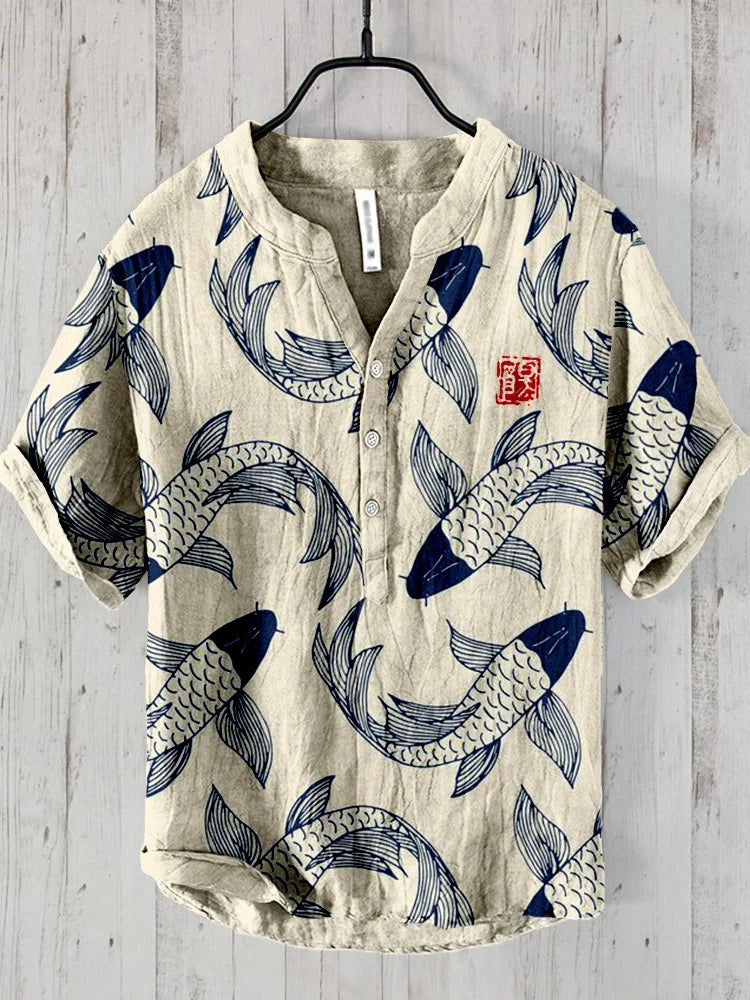Lysse | Vintage Fish Japanese Art Linen Blend Shirt