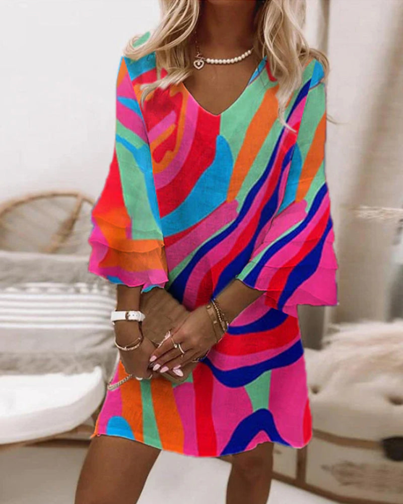 Seductive Bell Sleeve Mini Dress With V-Neck