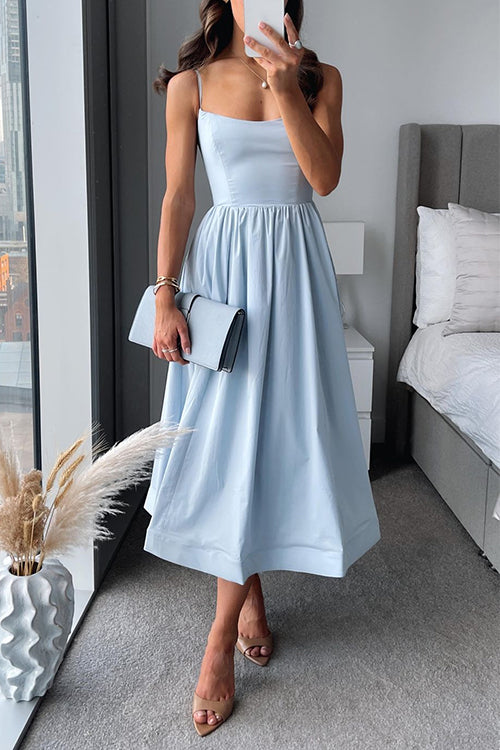 Midi Dress in A-line With Spaghetti Straps and Waist