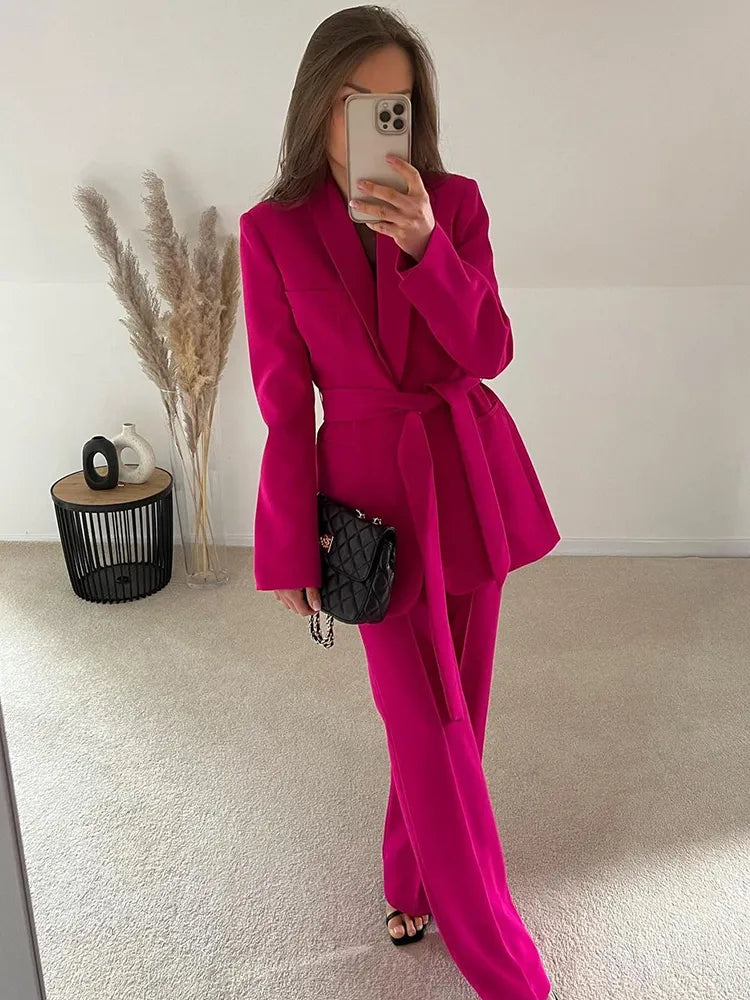 2-Piece Women's Suitelegant Blazer With Belt And Matching Trousers