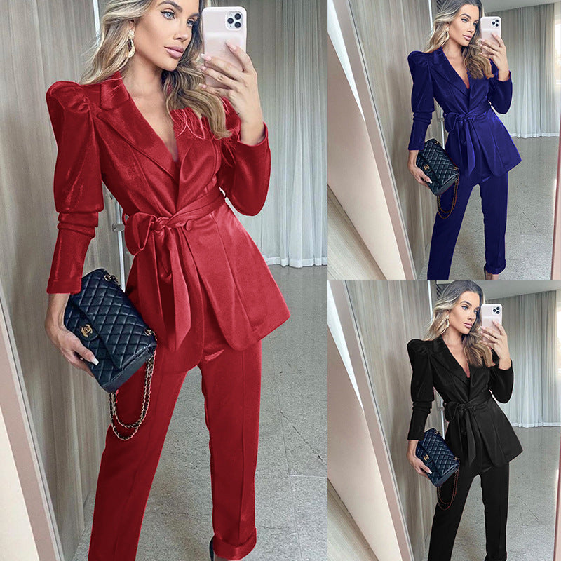 Women Blazer Suit with Voluminous Puff Sleeves and Tailored Belt
