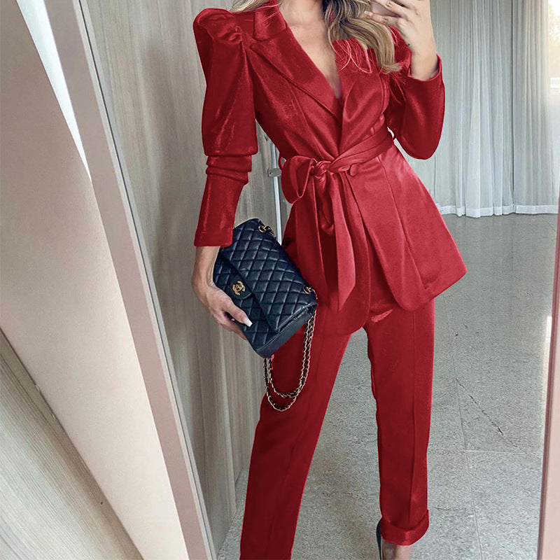 Women Blazer Suit with Voluminous Puff Sleeves and Tailored Belt