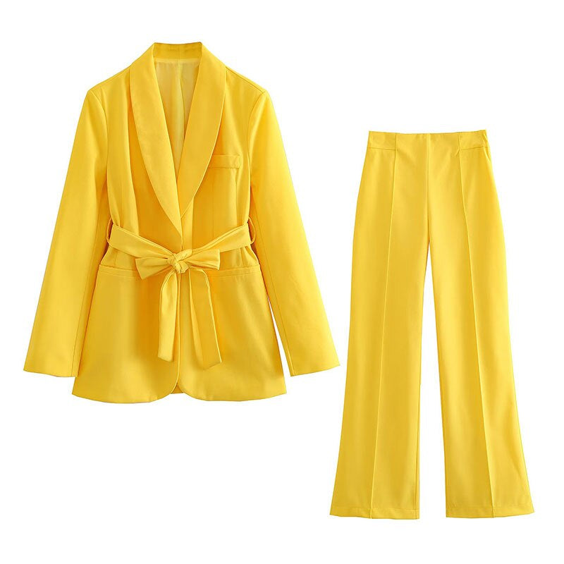 2-Piece Women's Suitelegant Blazer With Belt And Matching Trousers