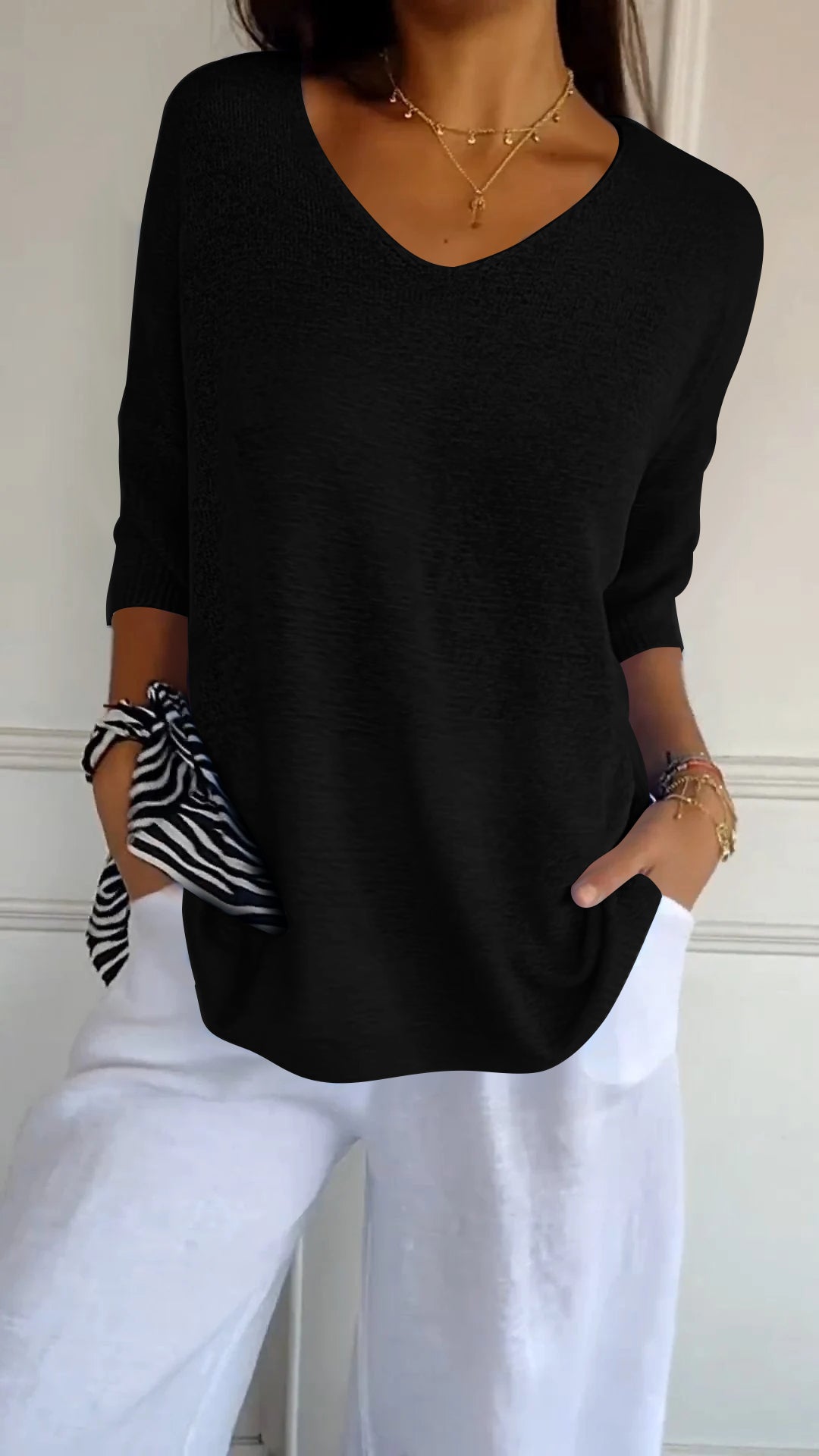 Alexiasolid Knit Top With V-Neck