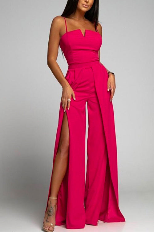 High Waist Slit Flowing Wide Leg Cami Jumpsuit