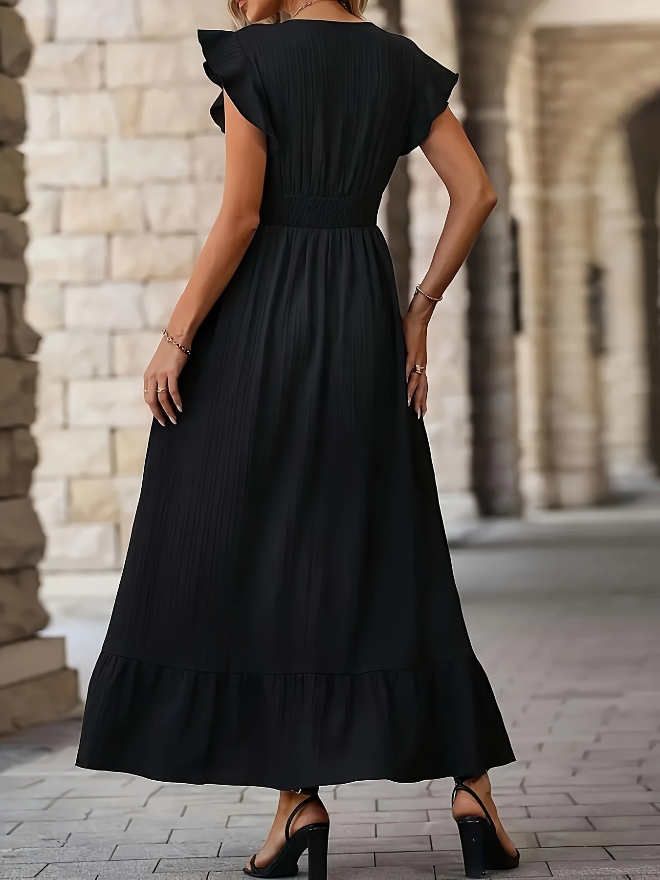 Elegant V-neck Dress With High Waist and Ruffle Sleeves