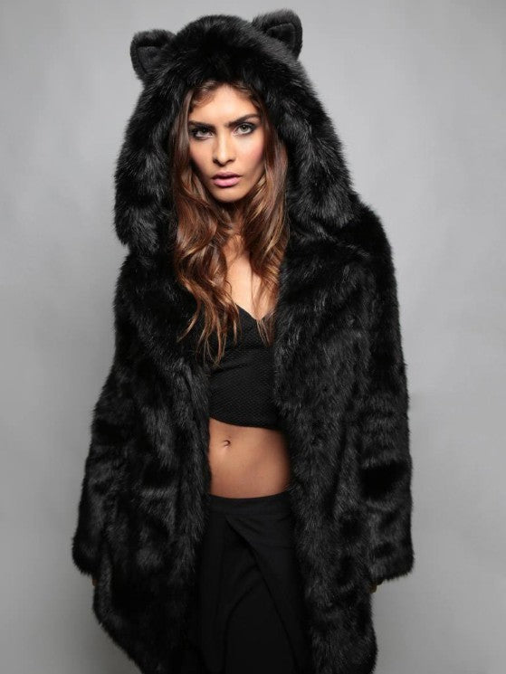 Ladies Cozy Fur Coat with Hood and Cat Ears