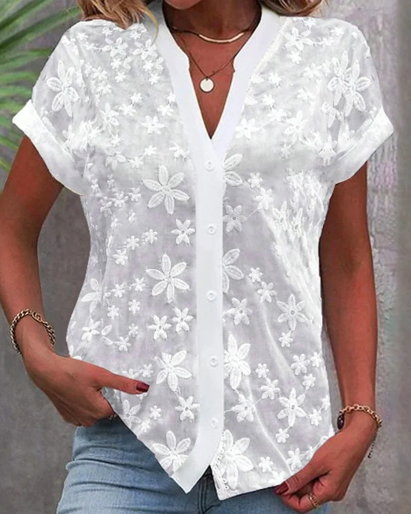 Short-sleeved floral blouse with V-neck