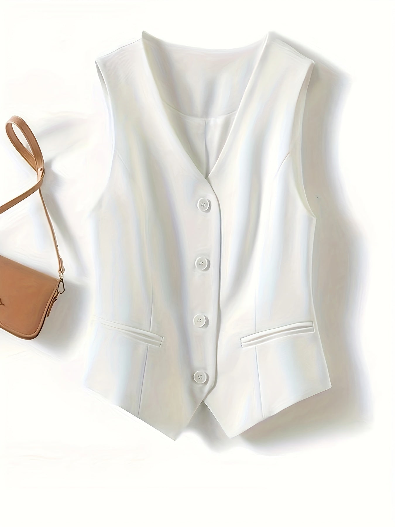 Solid Color Sleeveless Vest With V-neckline And Button Closure