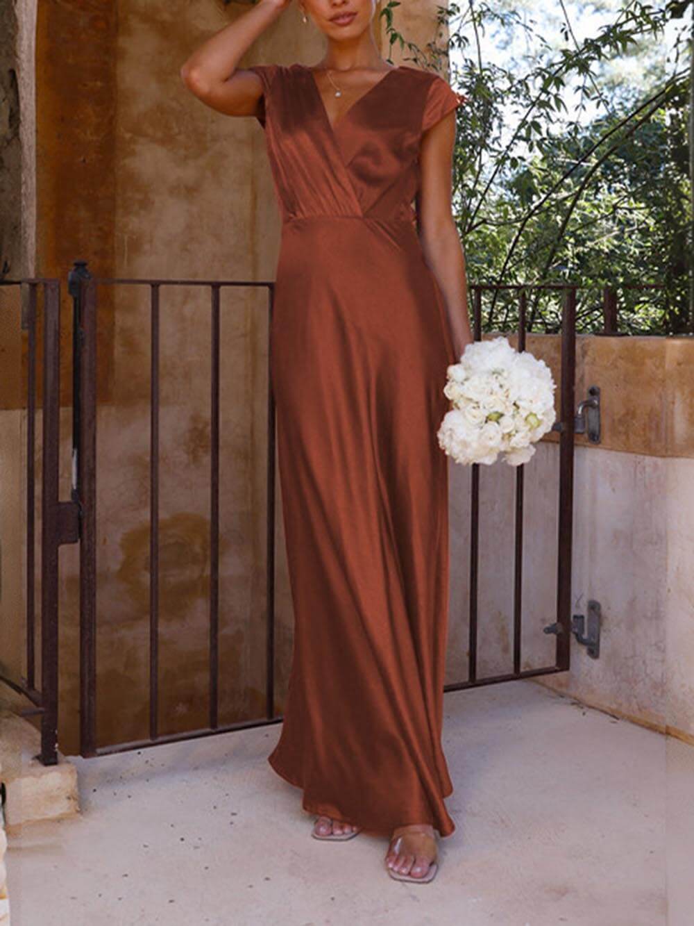 Satin Fishtail Maxi Dress With V-Neck For Women