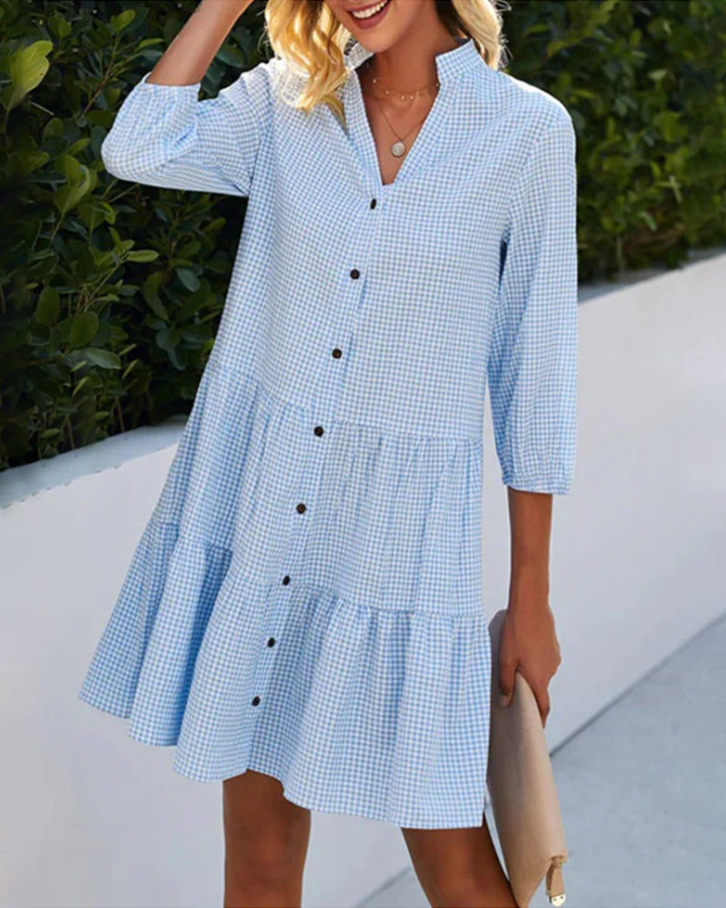 Checked A-Line Dress With Button Placket For Womenresembles A Shirt Dress