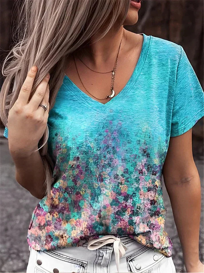 T-Shirt with V-neck and Floral Print