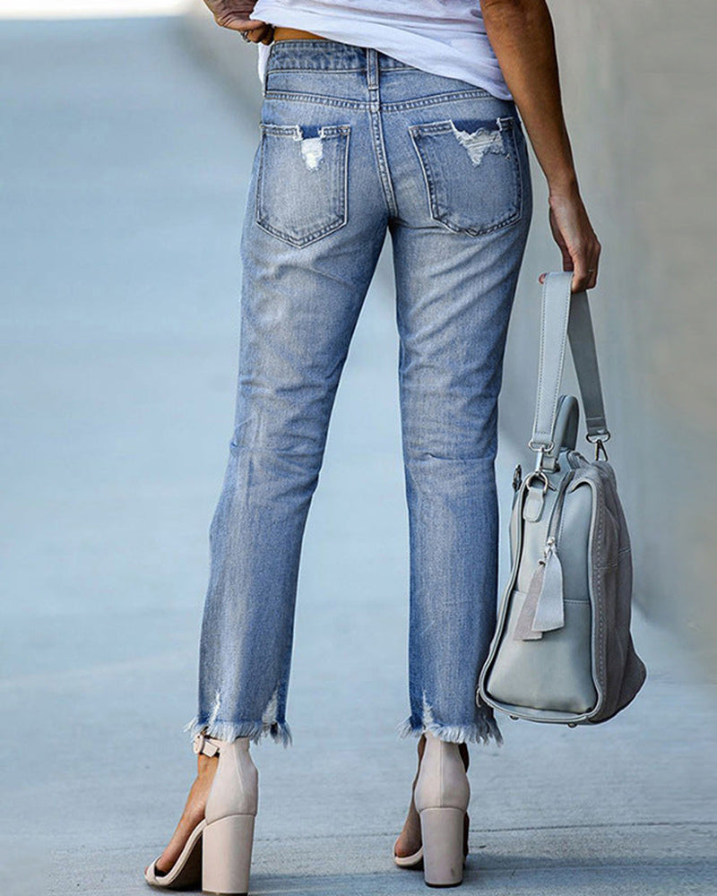 Women Chic Torned Jeans Denim