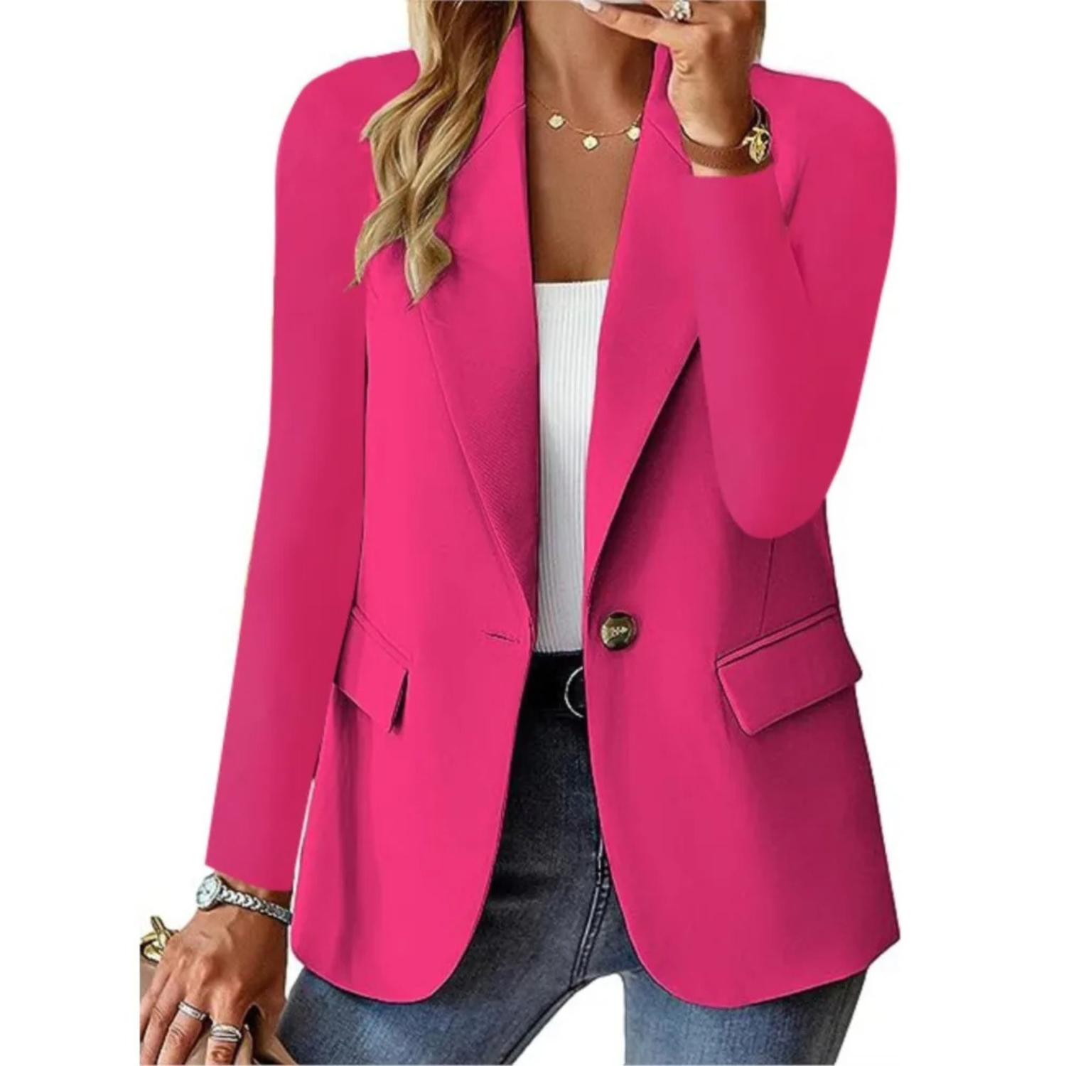Solid Women's Blazer With Long Sleeves and Narrow Pocket Buckle