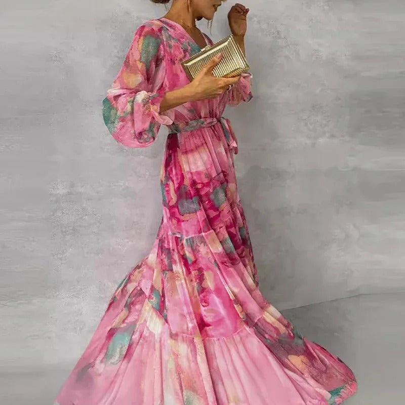 Elegant Long-sleeved Maxi Dress With Floral Pattern